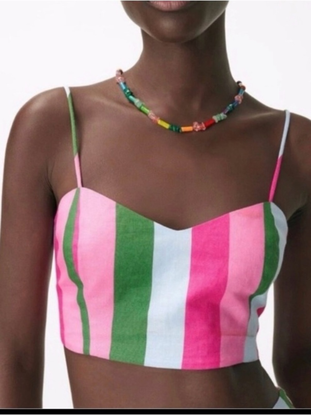 Zara LINEN BLEND Striped Crop Top Cami Pink Green Blue Size S